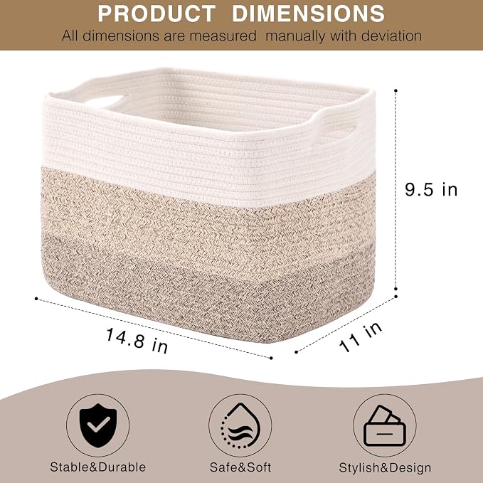 Storage Baskets for Organizing Shelves, Woven Cotton Rope Basket for Storage, Decorative Baskets for Shelves, Soft Basket for Living Room Bedroom, 14.8"×11"×9.5", Pack of 3, Gradient Brown