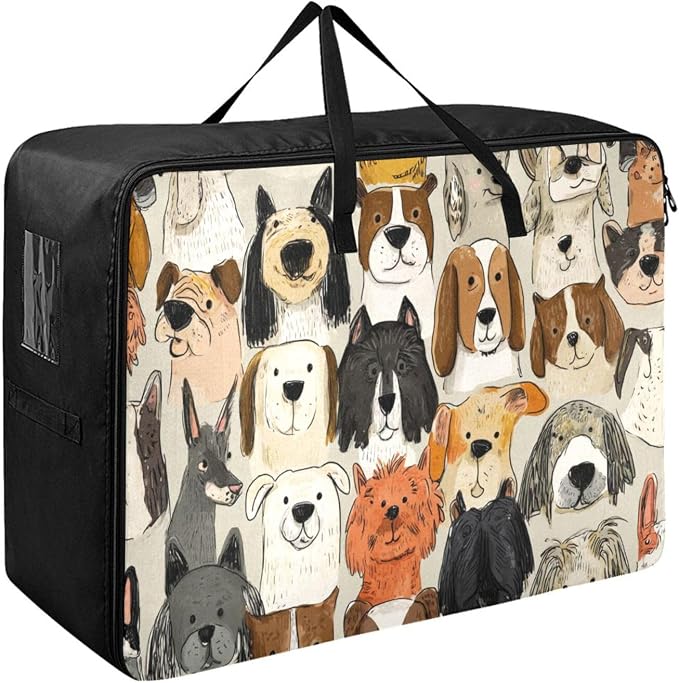Comforter Storage Bags Large Folding Blanket Organizer Bag with Strong Handles Clear Window Closet Storage Containers for Clothes King Queen Pillows Bedding Quilt Duvet Beige Cute Pet Dogs