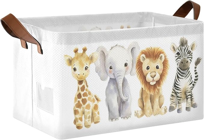 Watercolor Jungle Animal Cute Wildlife Storage Basket for Baby with Handles&Label Rectangular Waterproof Nursery Storage Bins Collapsible Organizer Baskets for Kids Cloth Gift Toys Laundry Shelf