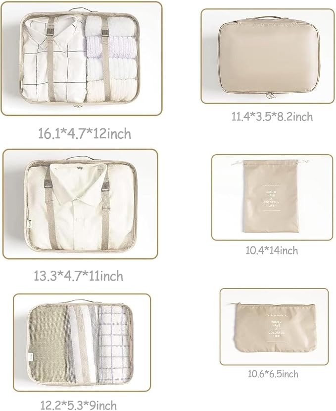 LANSKLBD 6/8 Set Packing Cubes for Suitcases Travel Luggage Packing Organizers,Travel Accessories Essentials Luggage Organizer with Shoe/Tioletry/Laundry Bag (Beige, 6 set)