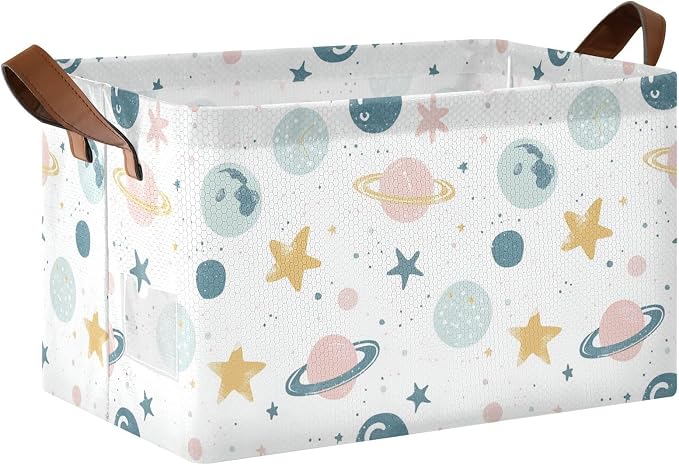 Cute Celestial Stars and Planet Baby Storage Basket with Labels&Handles Rectangular Waterproof Nursery Storage Bins Collapsible Shelf Organizer Baskets for Kids Books Cloth Gift Toys Laundry