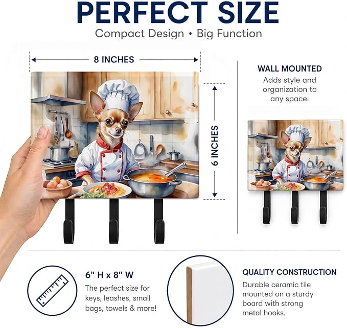 Caroline's Treasures Chihuahua The Chef Leash or Key Holder Wall Hooks, Key Hooks Holder, Coat Rack Wall Mount, Coat Hooks, Hooks for Hanging Keys, Towels, Aprons, Leashes | Chihuahua The Chef artwork on ceramic tile with three steel hooks for keys, le...