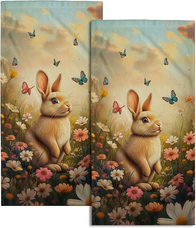 Giwawa Easter Bunny Hand Towels Flower Butterfly Dish Towels Set of 2 Soft Absorbent Fingertip Washcloths for Kitchen Bathroom Holiday Decoration