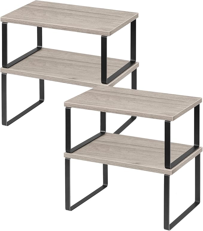 NEX Kitchen Cabinet and Counter Shelf Organizer, Shelf Riser for Pantry Countertop Cupboard Desk Top, Stackable & Expandable, Set of 4, Black and Greige | Stackable & Expandable Spice Rack, Space-Saving Pantry Organizers Bathroom Countertop Storage, Bl...