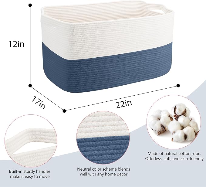 MEGASKET Extra Large Rope Basket, 22" x 17" x 12" Woven Stuffed Animals Storage Bin, Kids Dog Stuff Toy Box Organizer, Living Room Nursery Organization, Big Basket Container for Blankets Clothes