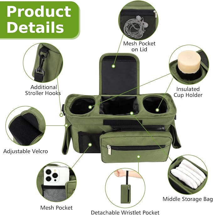 Accmor Universal Stroller Organizer with Insulated Cup Holder Detachable Phone Bag and Shoulder Strap,Stroller Bag Caddy Organizer for Uppababy, Baby Jogger, Britax Strollers