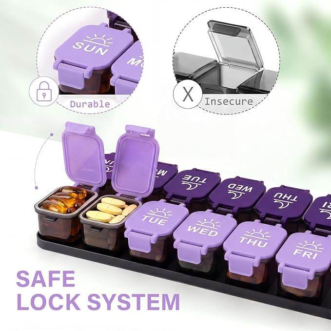 Yaklim Extra Large Weekly Pill Organizer, Detachable 7 Day AM PM Pill Box | XXL 14 Detachable AM PM Compartments；For Big Vitamins & Supplements； Easy to Open & Fill； Waterproof Seals； Easy Readability