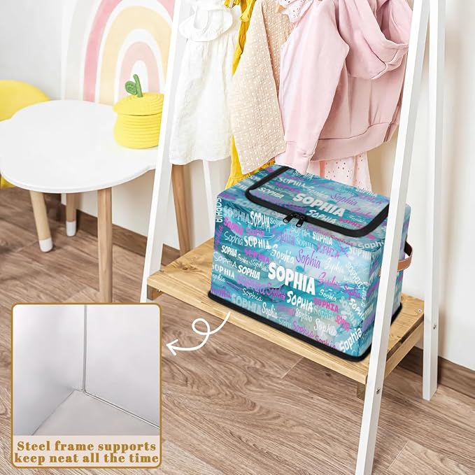 Personalized Name Storage Basket with Zipper Lid, Canvas Storage Bins Toys Clothes Organizer for Bedroom, Kitchen, Bathroom, Nursery, Shelves, Closets, Water Blue Background
