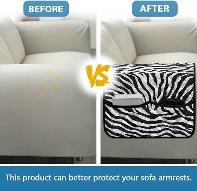 Zebra Print Sofa Arm Covers for Couch Stretch Armrest Covers Easy to Clean Armchair Cover with 2 Pockets Sofa Armchair Slipcovers Recliner SofaArm Protector