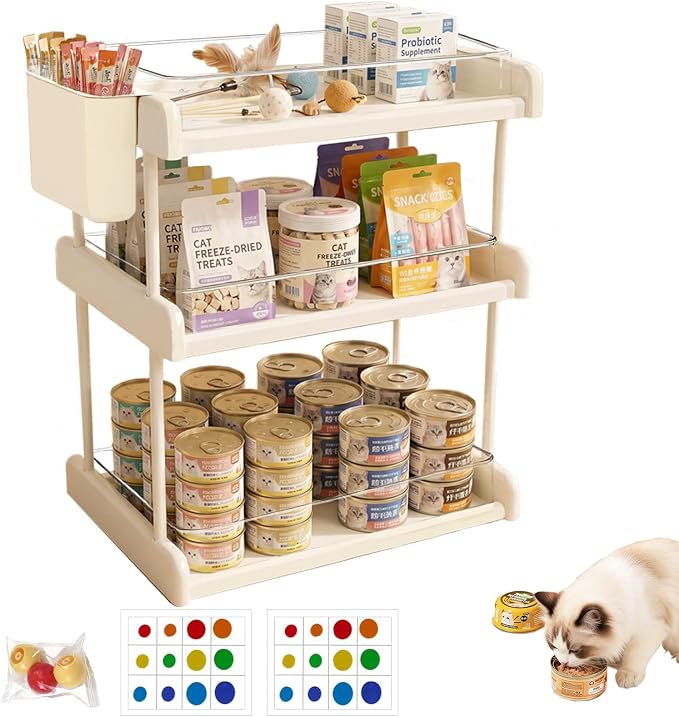 Cat Food Can Organizer w/Lickable Cat Treats Storage 3-Tier -White | Pet Food Storage Rack, With Clear Acrylic Trays, Colorful Stickers, for Pantries, Cabinets, Or Shelves, for 3oz–12.5oz