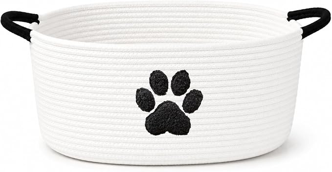 Dog Toy Basket with Handles, Cotton Rope Storage Bin Organizer for Pets | Holds toys, blankets, leashes & dog stuff. Machine washable, collapsible, free-standing woven bin with embroidered paw.