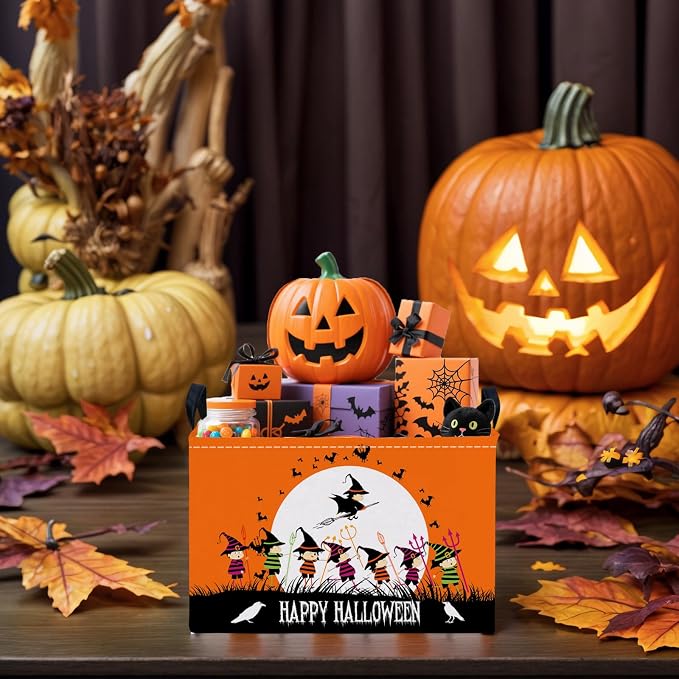 Halloween Basket Gift Cute Pumpkin Ghost Parties Decor Kid Trick or Treat Basket for Boys and Girls Rectangular Storage Bin Box (Witch)
