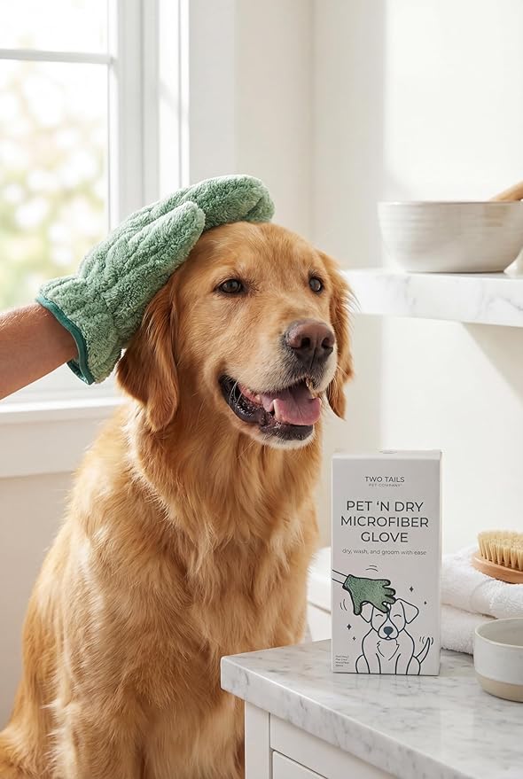 Two Tails Pet Company Pet N’ Dry Microfiber Gloves, Absorbent Dog Drying and Washing Gloves for Paws, Faces, and Coats, Soft, Lightweight, Fast Drying, Gentle on Sensitive Fur, Grooming Dog Supplies