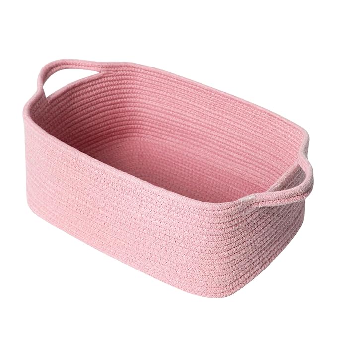 MEGASKET Pink Woven Storage Basket, Cotton Rope Gift Basket Empty, Cute Organizer for Girls, Decorative Baby Nursery Closet Bin, Pink Room Decor, Gift Ready Bin with Handle, Wicker Pet Toy Storage Box