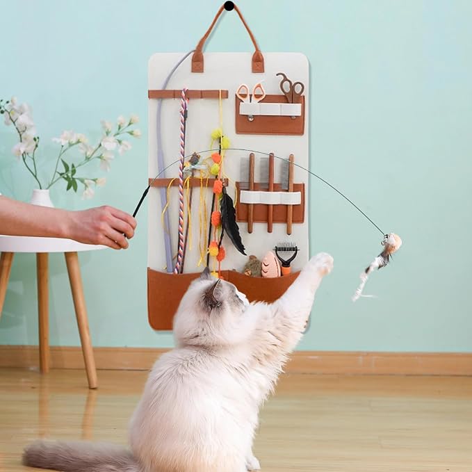 Cat Toy Storage Hanging Bag, Wall Storage Bag with Pockets, Cat Accessories Organizer Wand Toy Holder for Indoor Cats