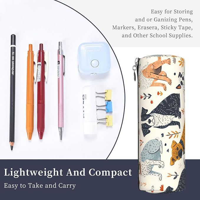OSAM SPACE Leather Pencil Case Round Pencil Bag Cute Dogs Plant Pen Organizer Holder Portable Zipper Pouch Cute School Supplies for Girls Boys Study Office