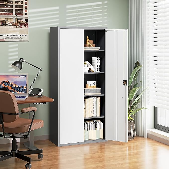 Metal Garage Storage Cabinets with Lock Door and Adjustable Shelves, Steel Tool Cabinets for Home,Office,Warehouse Organisieren (Gery White, 71" H)