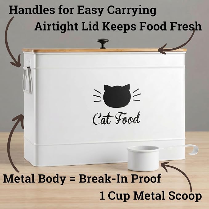Metal Cat Food Container with Scoop, 15lb (50 Cup) w/ Airtight Bamboo Lid | 15 lb / 50 Cup Capacity, 1 Cup Metal Scoop, Durable Powder Coated Iron Body, Rubber Lined Bamboo Lid, Sturdy Metal Handles