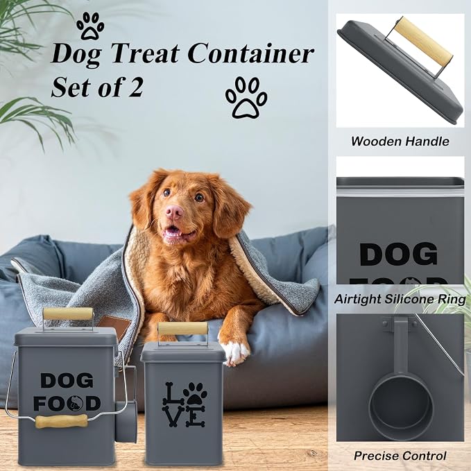 Dog Food Storage Container Set of 2 Dog Treat Container with Airtight Lids Dog Treat Jar with Scoop Metal Dog Food Holder with Wooden Handles for Kitchen Counter and Pantry Home Decor - Grey