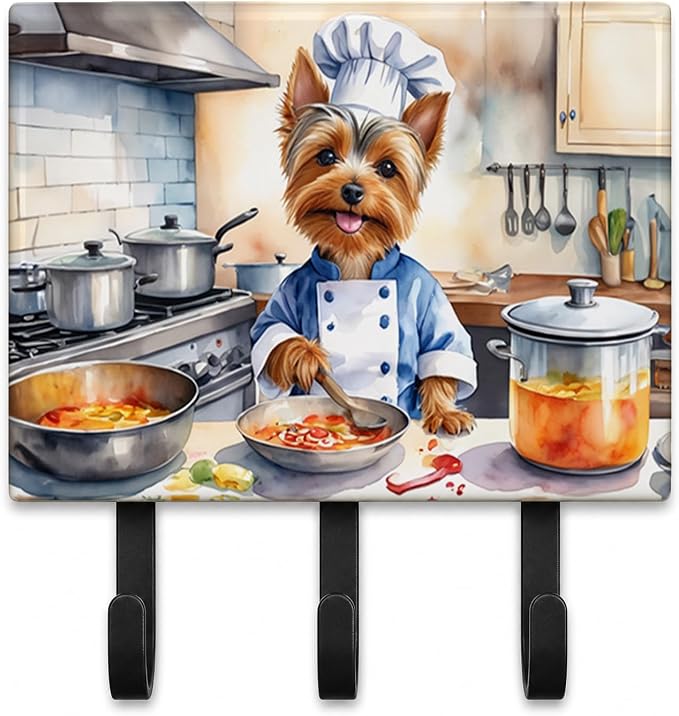 Caroline's Treasures Silky Terrier The Chef Leash or Key Holder Wall Hooks, Key Hooks Holder, Coat Rack Wall Mount, Coat Hooks, Hooks for Hanging Keys, Towels, Aprons, Leashes | Silky Terrier The Chef artwork on ceramic tile with three steel hooks for ...