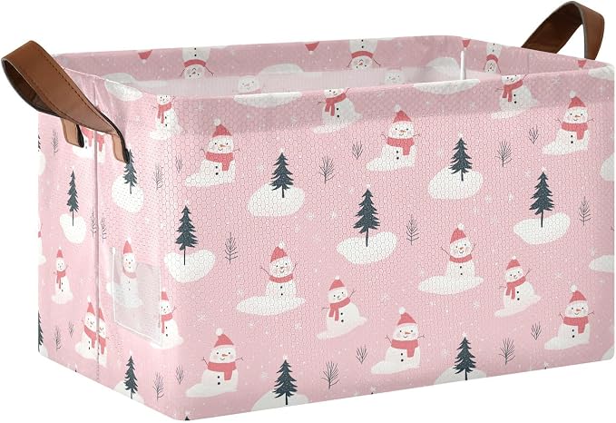 Pink and White Christmas Snowman Storage Bins for Shelves with Labels&Handles Fabric Organizer Bin Foldable Rectangle Storage Basket Boxes for Closet, Bathroom, Home, Living Room