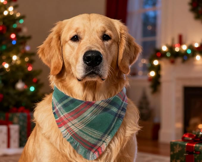 Christmas Dog Bandanas 2PCS-XLarge,Holiday Scarf Two-Sided with Tassels Edges,Stylish Triangle Dog Outfit for Boy and Girl,Winter Christmas Classic Red Green Plaid Pet Costume for Extra Large Dogs