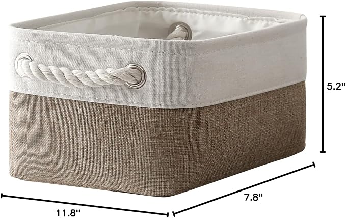 Storage Basket for Organizing - 1 Pack 12x8x5.2 inch Baskets for Gifts Empty with Handles, Fabric Storage Cubes for Organizer Closet Dog Gift Cloth Toy (Whiet & Khaki)