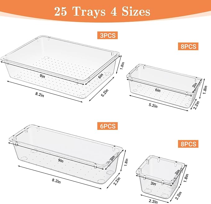 SpaceHacks 25 PCS Plastic Drawer Organizer, 4-Size Versatile Organizer Trays & storage Bins