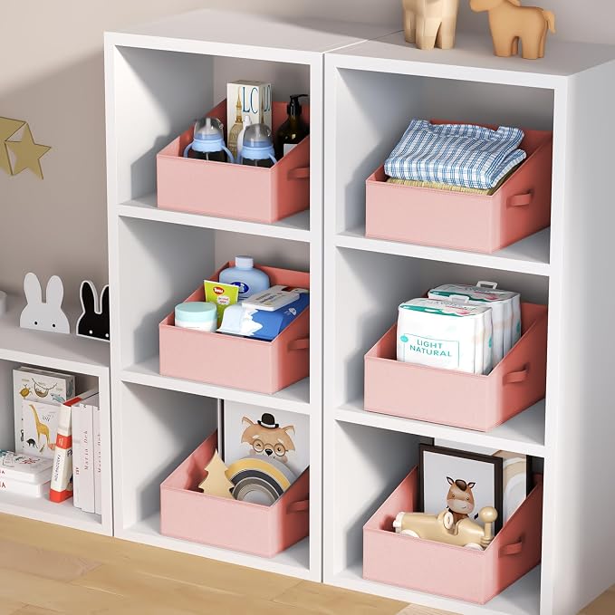 DIMJ Closet Storage Bins - Fabric Storage Baskets for Shelves, Collapsible Clothes Organizer with Handles for Purse, Toys, Books, Towel, Clothes, PInk, 6 Bins 11.4"x11.4"x7.8"