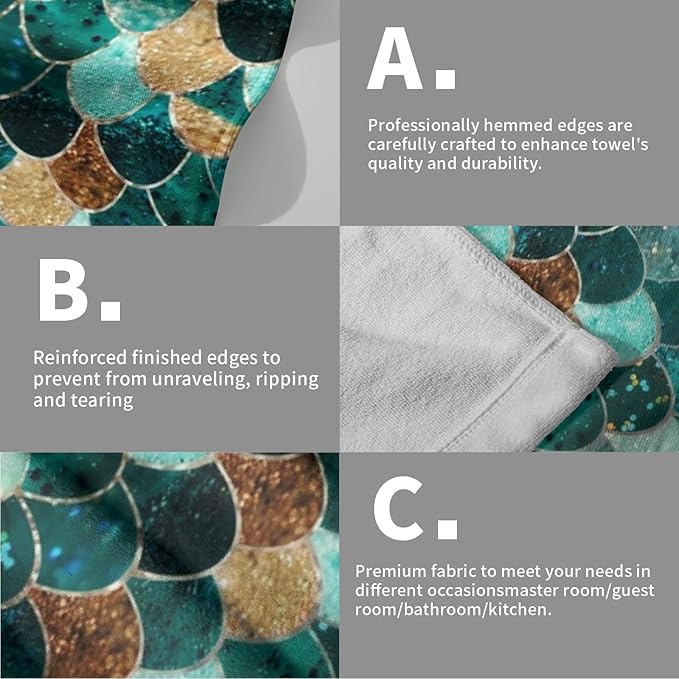 Giwawa Mermaid Hand Towels Set of 2, Teal Golden Fish Scale Turquoise Larger Towel, Summer Aqua Gold Brown Bath Tea Bar Fast Drying for Home Bathroom Kitchen Hotel Spa Decor Green Gold Mermaid
