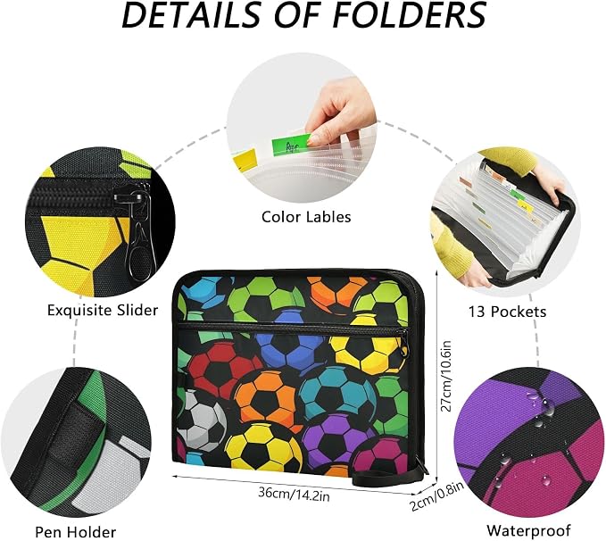 Colorful Soccer Ball Pattern 13 Pocket File Organizer Expanding File Folder with Front Pouch Portable Business File Storage Document Organizer Folder with Zipper
