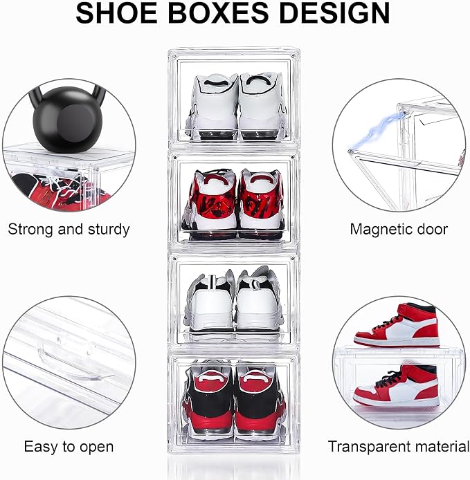 6 Pack Acrylic Shoe Boxes, Ultra Clear Shoe Boxes Stackable, Shoe Storage Box Sneaker Storage for Sneakerhead, Foldable Shoe Organizer with Magnetic Door, Professional Shoe Display Fits US Size 15