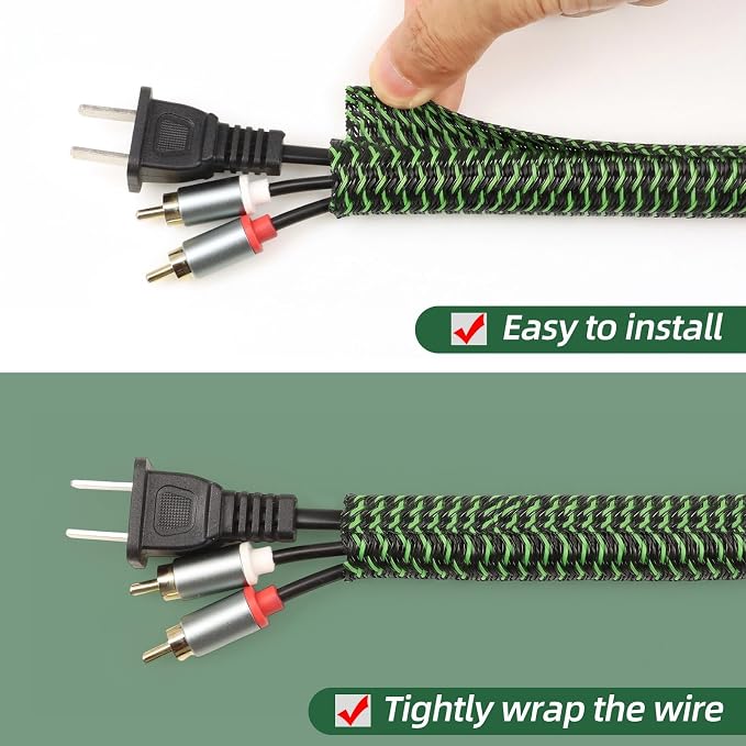 Split Wire Loom Tubing, Cable Protector Sleeve, Braided Cable Management for TV/Computer/Home Theater/Engine Bay, Cord Protectors from Pets No Chew (Green Black, 1"-10ft)