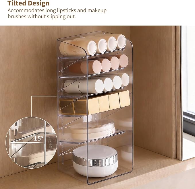 PAVSTINE Medicine Cabinet Organizer with Adjustable Dividers, Clear Vertical Layered Backward Slanting Shelves for Pressed Powder/Lip Gloss/Mascara Storage (5-Tier Gentle Slant)