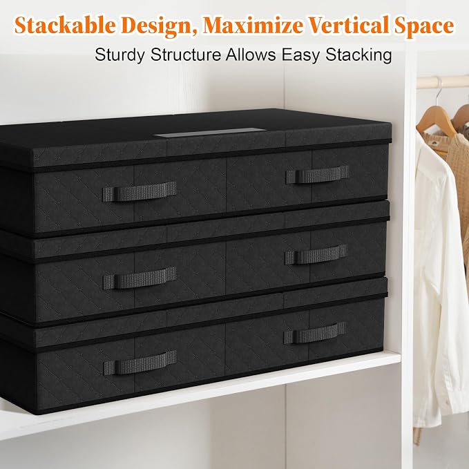 StoreHappily Under Bed Storage Containers with Lids, 3 Pack Foldable Black | Storage organizer, Stackable Clothes Storage Bags, For Blankets Pillows Clothing, Clear Window, 3-Sided Handles, Label Slot