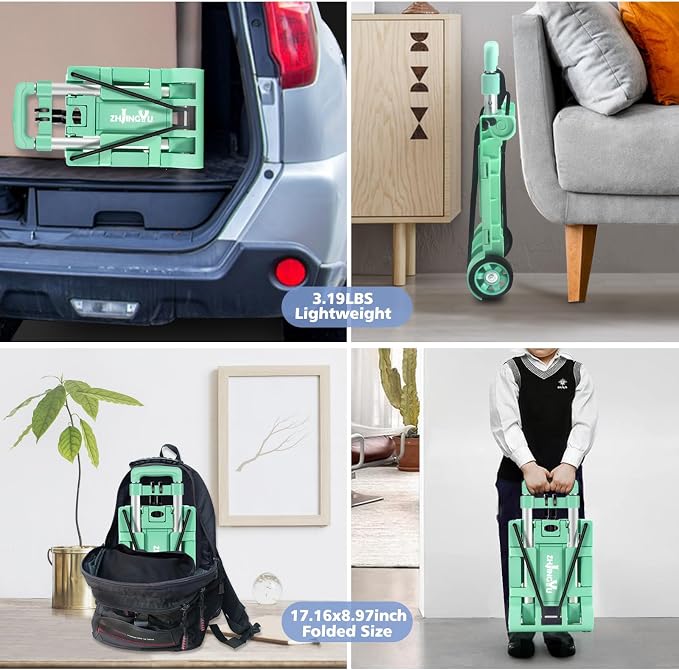 Folding Hand Truck Dolly Cart,Collapsible Shopping Trolley,Mini Lightweight Hand Dolly,Backpack Trolley,Luggage Cart,Aluminum Telescopic Rod,2 Wheel Trolley Expandable Large Chassis,Mint Green