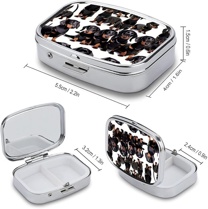 Metal Pill Organizer 2 Compartment Travel Pill Case with Mirror Waterproof & Leak-Proof Dachshund Weiner Pet Dog Pill Boxes for Daily Meds Vitamins Supplements Fits in Purse Pocket Bag