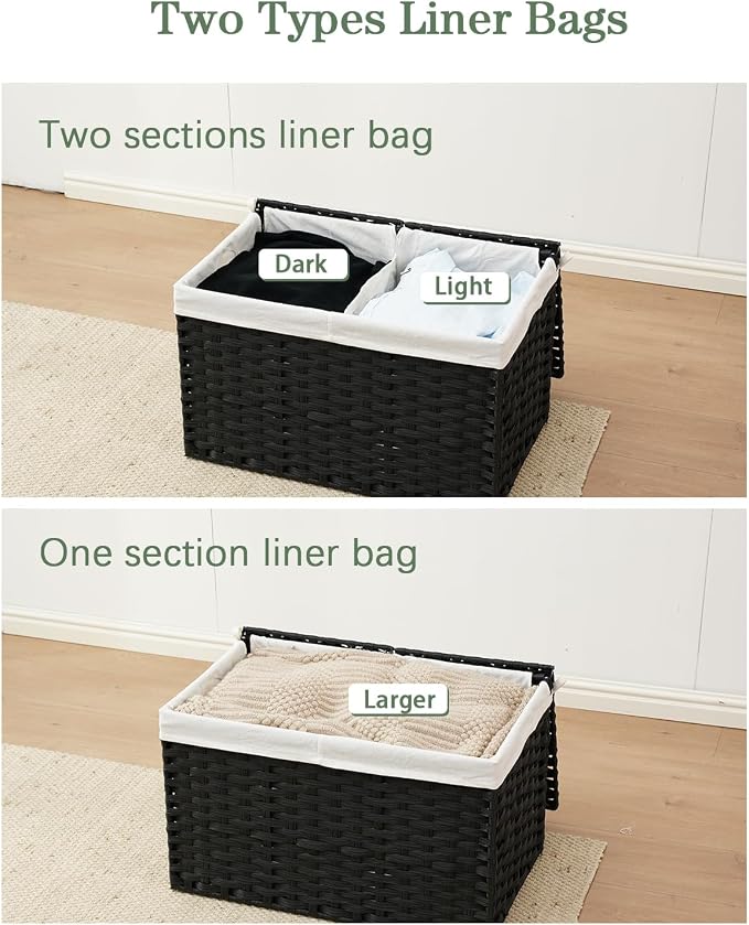 SETVSON Storage Basket with Lid PE Rattan Woven Storage Bins, 65L Black | 65L Storage Bin with 2 Separate Lids, 2 Removable Liner Bags with Divider, Sturdy Metal Frame, Foldable Side Handles