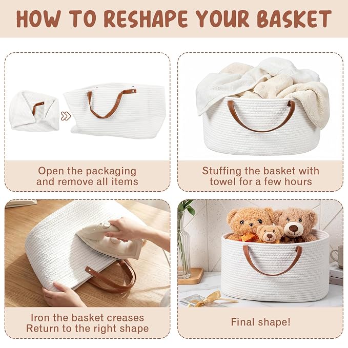 Colingmill Empty Gift Basket Woven Cotton Rope PU Handles,16.5*10*9 Inch
