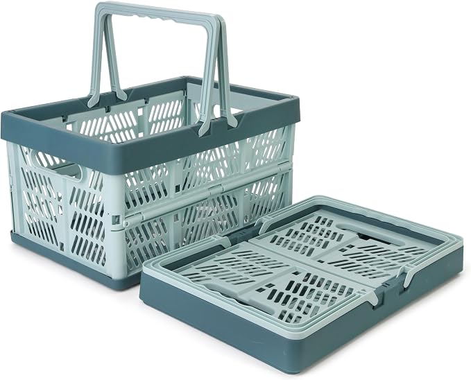 Domiella 2-Pack Foldable Storage Baskets, 20L Collapsible Crates PP Blue | Comfortable carry handles, space-saving design, sturdy PP construction for home storage shopping camping and picnics