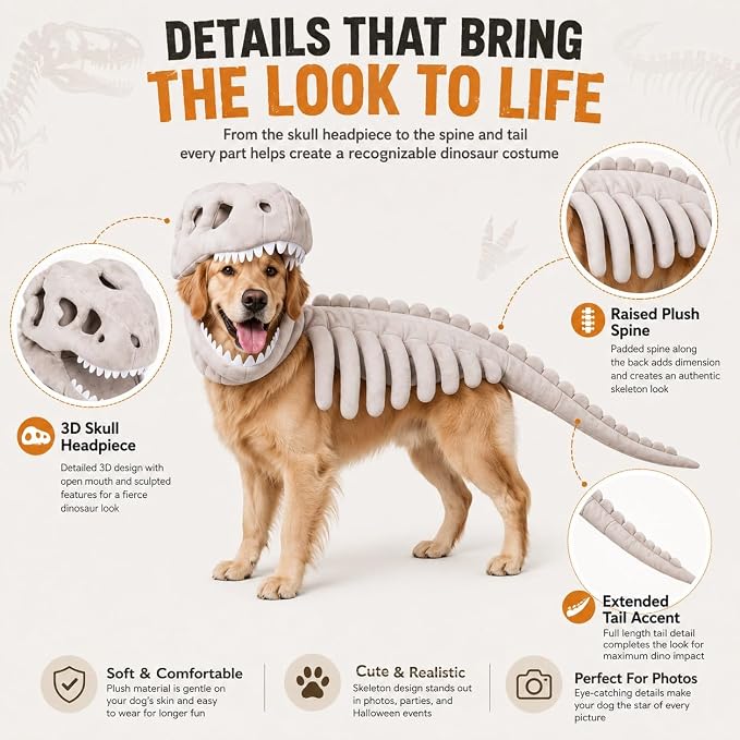 Pet Dinosaur Costume Spinosaurus Skeleton Skull Mask Plush Spine Large Dogs | Soft Lightweight Headpiece with Raised Back Ridge and Tail Suited to Halloween Cosplay Parties Photos Birthdays Large Breeds
