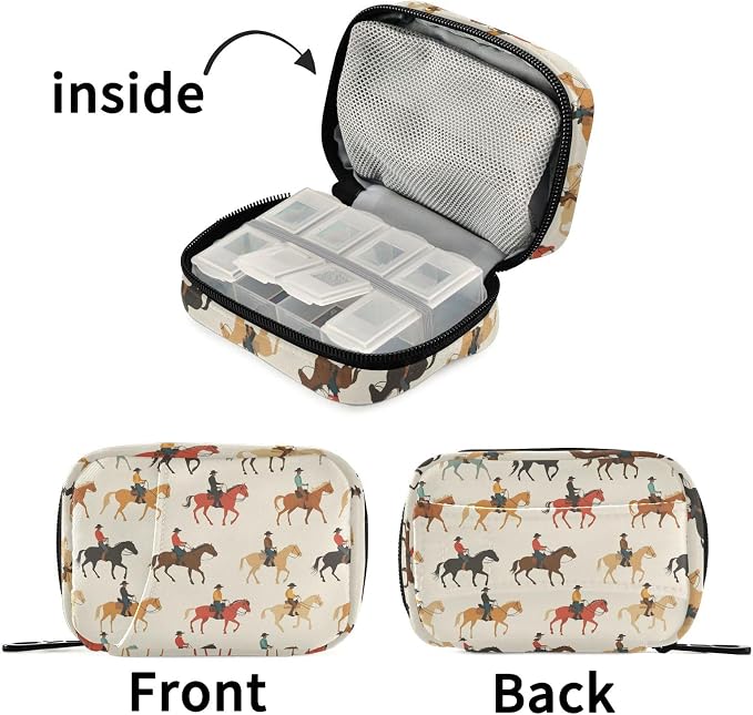 Fustylead Colorful Western Cowboy Riding Horse Pill Organizer for Purse, Weekly Portable Pill Box with Zipper to Storage Vitamins Fish Oils Medications Supplements