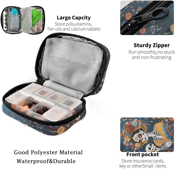 Fustylead Painting of Calavera Woman with Flower Pill Organizer Travel Bag, Small Portable Pill Case Cute for Vitamin Fish Oil Supplements Medicine Organizer with Zipper