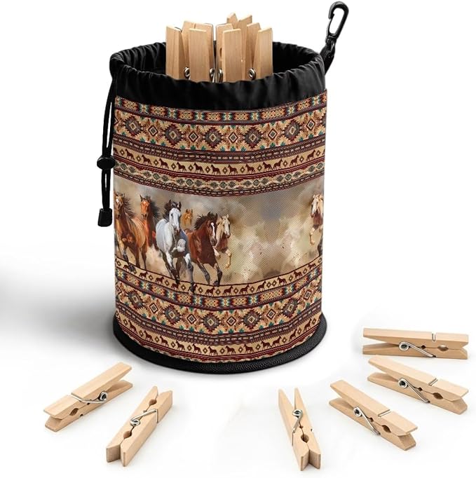 Clothespin Bag Organizer, Boho Pattern Horses Drawstring Laundry Peg Storage Pouch with Hanging Loop, Portable Multifunctional Clips Holder for Drying Rack, Camping & Home