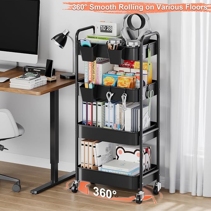 4 Tier Rolling Cart Metal with Wheels, Black Four Tiered Rolling Storage Cart on Wheels, Utility Roller Carts Organizer for Art, Craft, Baby Diaper Caddy, Snack, Book, Large-Capacity Shelving Units