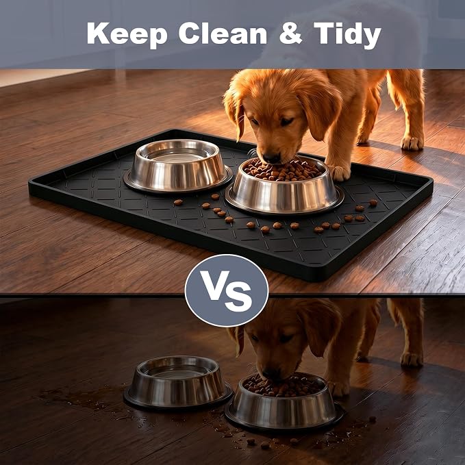 Extra Thick Dog Food Mat Waterproof with Raised Edge 19" x 12" | Silicone Multipurpose Mat, Under Sink Cabinet Protector for Kitchen, Bathroom, Shelf, Pet Feeding, Boot & Plant Trays