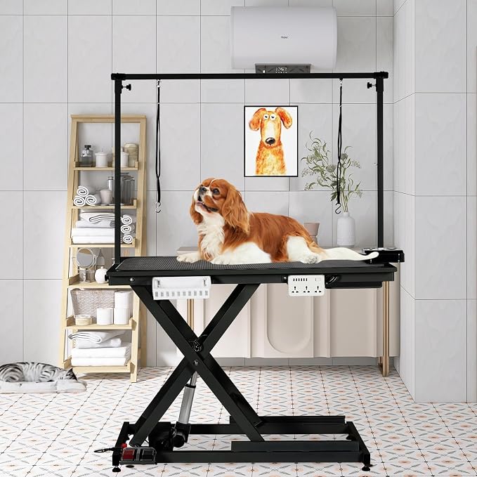 50" Hydraulic Dog Grooming Table for Pet, Professional Electric Dog Groomin-g Tabl-e, Heavy Duty Height Adjustable Pet Grooming Table with Groomin-g Arm &Anti Slip Tabletop,Capacity Up to 300LB, Black