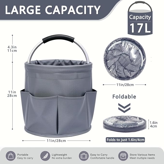 Cleaning Caddy with Handle, 17L Foldable Storage Basket, Heavy Duty 600D Oxford Cloth Organizer, Portable Supply Bag, Multi-Purpose Supplies Caddy for Home, Bathroom, Kitchen, Garden - ( Dark Gray )