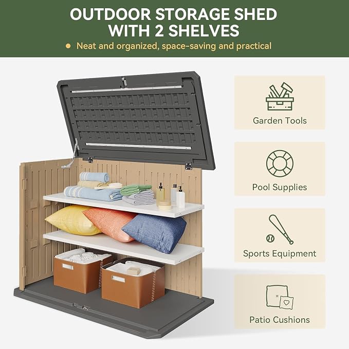 Aoxun Outdoor Storage Cabinet 35 Cu.Ft 2 Shelves, Brown | Outdoor Trash Can Storage Shed Waterproof Horizontal Storage Shed Outdoor Storage for Garbage Bin, Generator