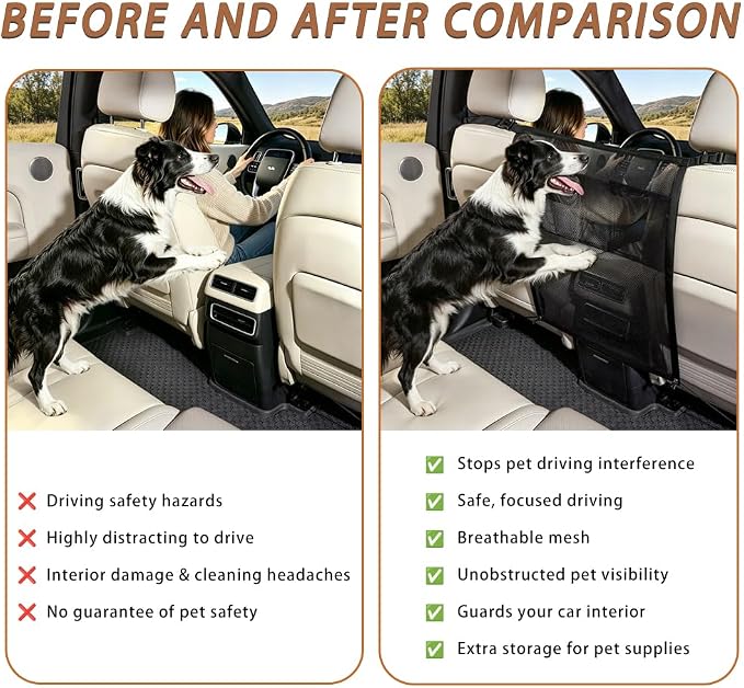 Dog Car Net Barrier, Dog Net for Car with Mesh Organizer | Universal Dog Car Barrier Fits Car/SUV/Truck/Van; Scratch-Resistant Mesh with Storage Pocket, Keeps Pets Safe in backseat